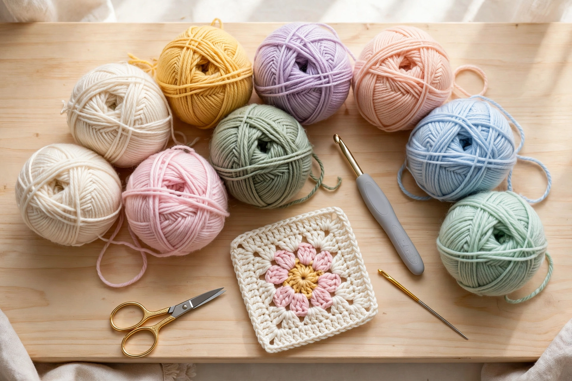 Materials laid out for the flowers blanket crochet pattern — cream, pastel and yellow worsted yarn with a 5 mm hook