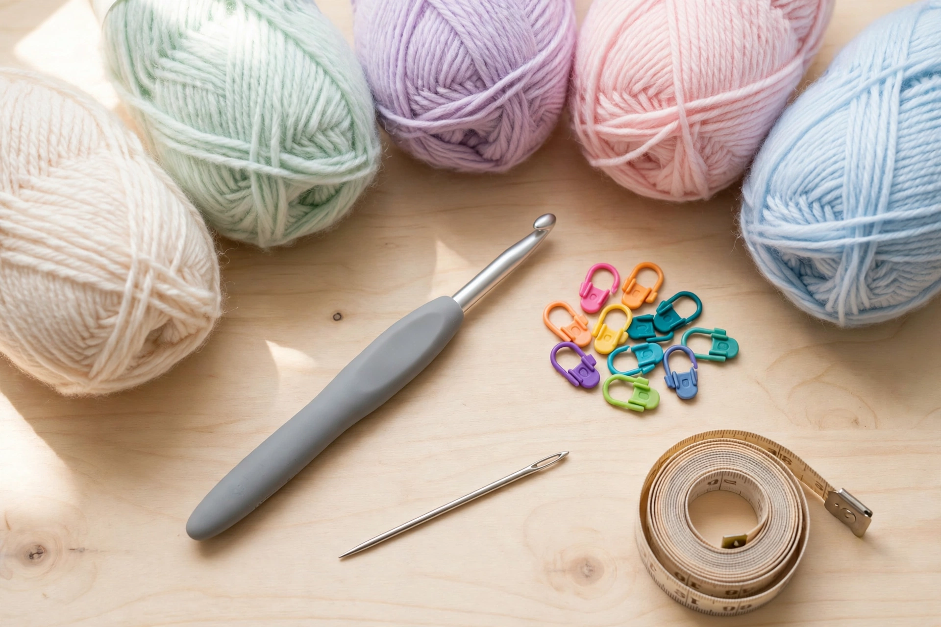 Balls of cream and pastel worsted yarn, a 5 mm hook and stitch markers laid out for the pompom stitch crochet pattern