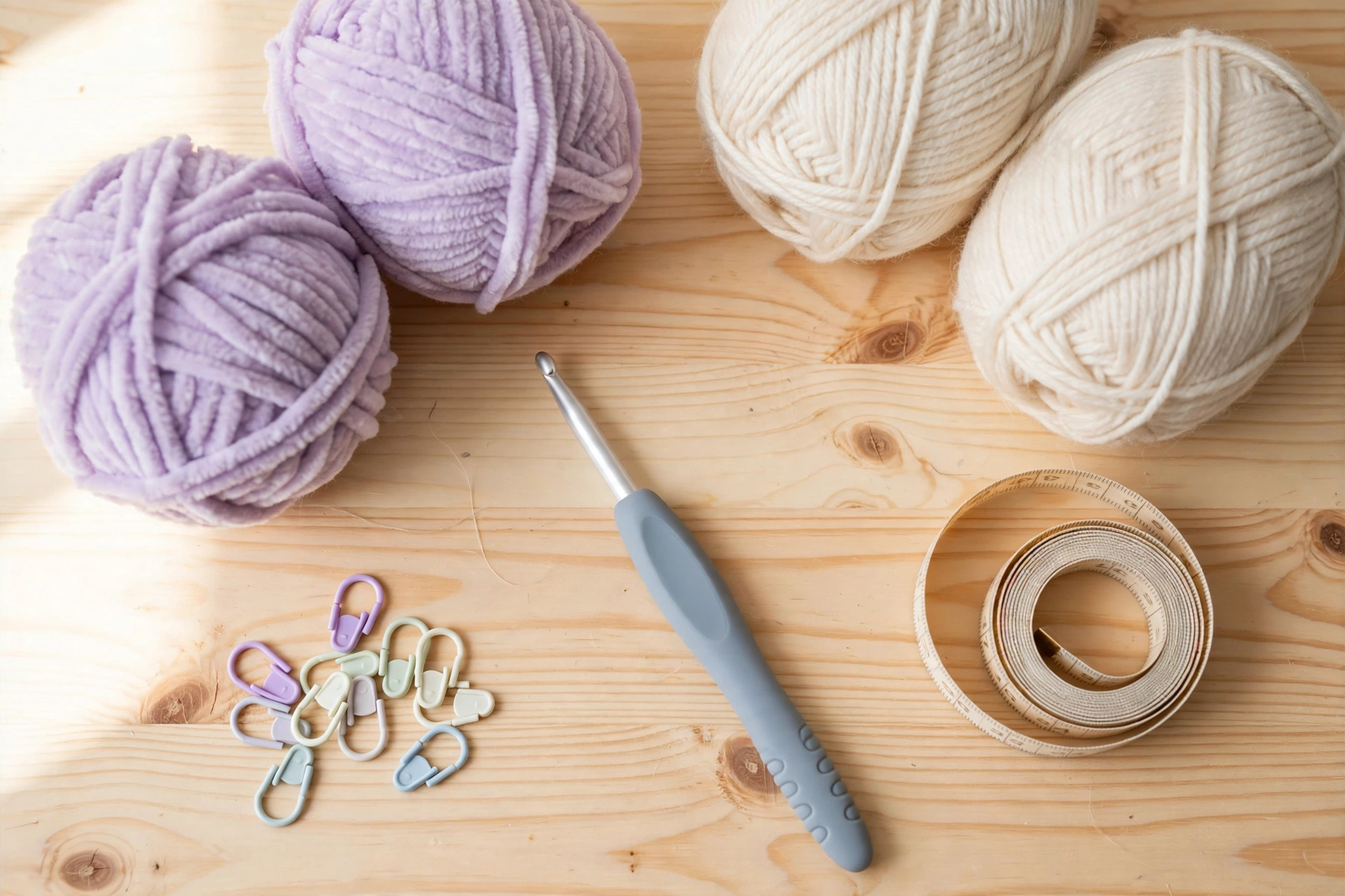 Lilac and cream worsted yarn, a 5 mm hook and stitch markers laid out for the fan stitch crochet pattern