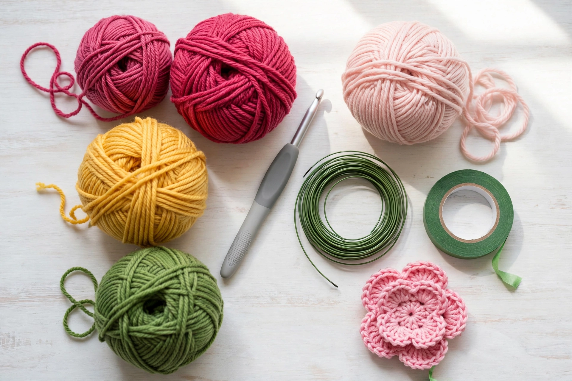 Two shades of pink, yellow and green worsted yarn with a 4 mm hook and floral wire laid out for the layered 12 petal flower crochet pattern
