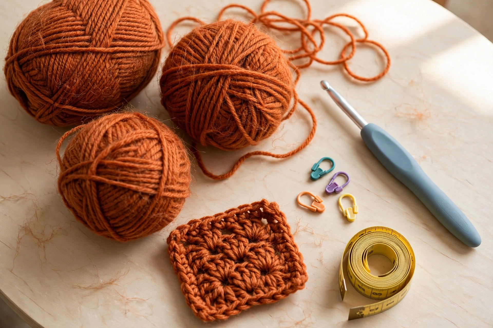 Worsted yarn, a 5.5 mm hook, stitch markers and a gauge swatch laid out for the puff stitch hat crochet pattern