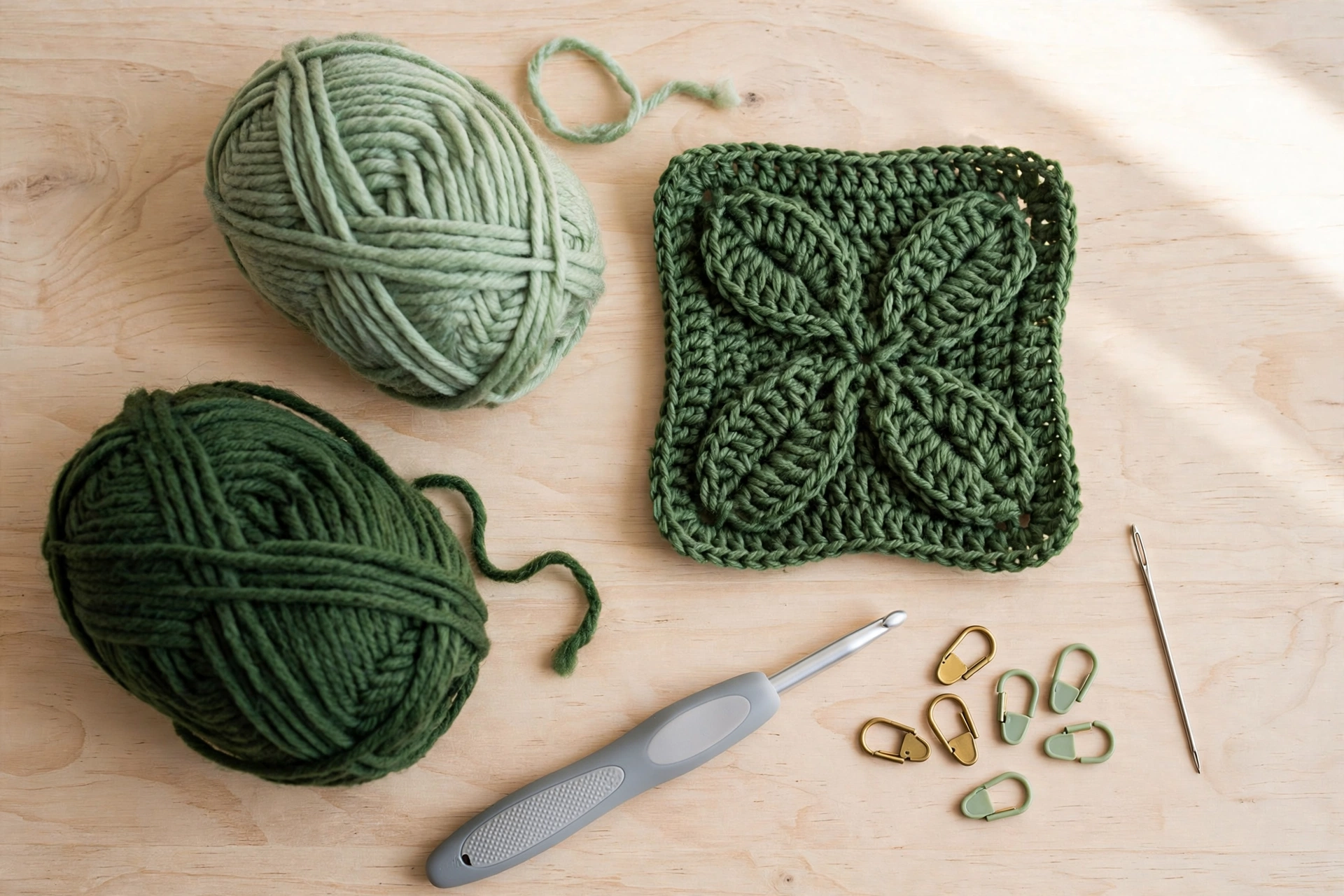 Worsted yarn in two greens, a 5 mm hook and stitch markers laid out for the leaf stitch crochet pattern