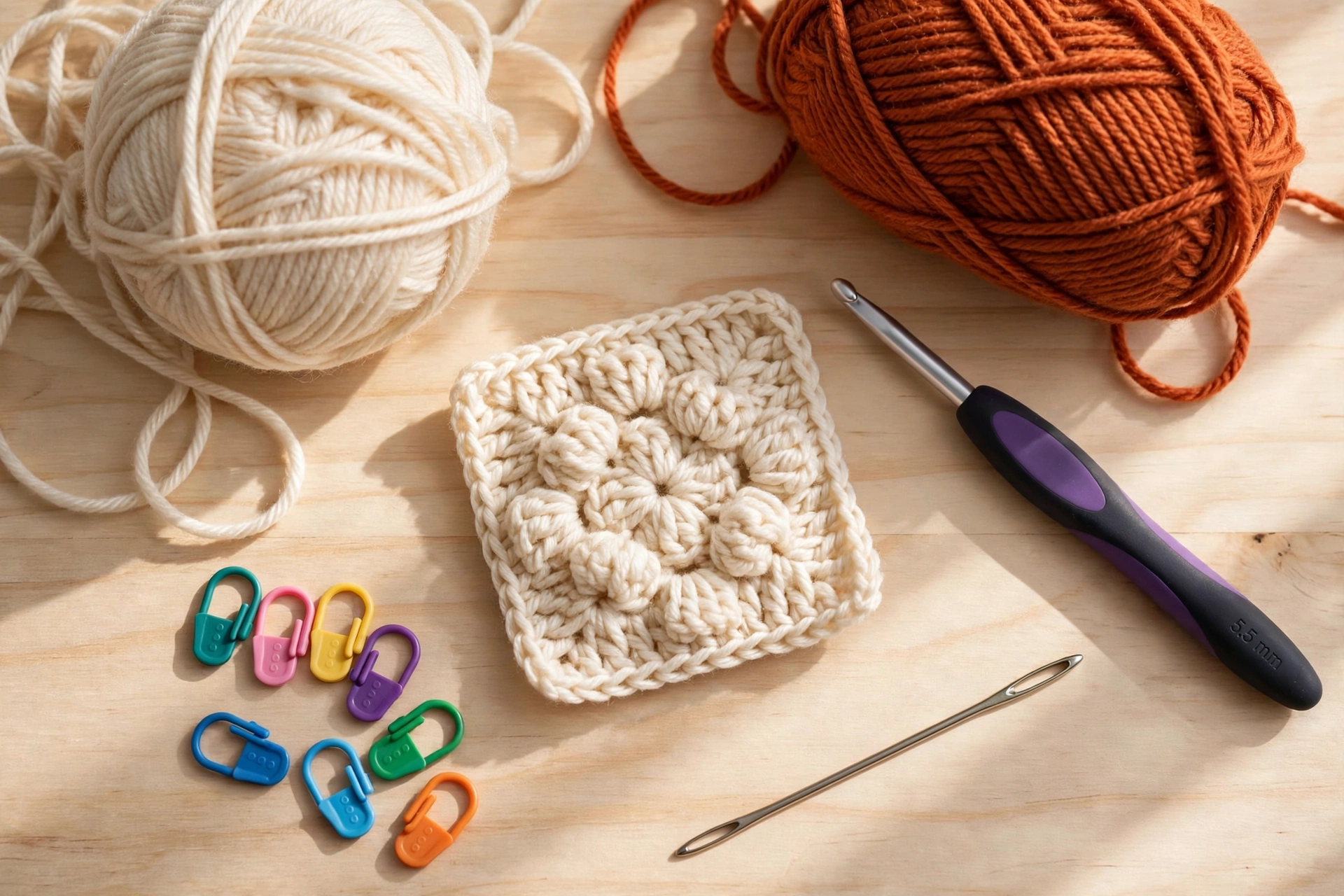 Worsted yarn, a 5.5 mm hook and a cluster stitch gauge swatch laid out for the cosy clusters blanket crochet pattern