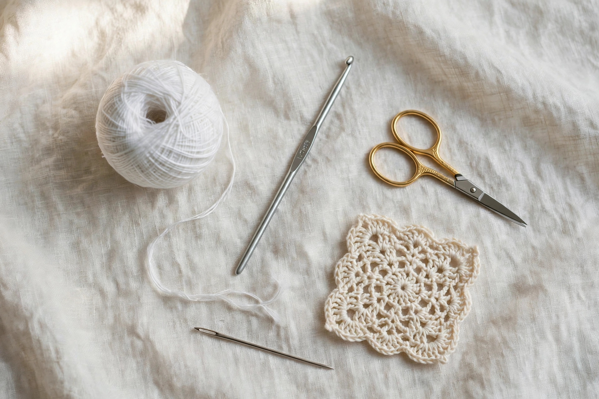 Size 10 cotton thread, a 1.5 mm steel hook and a gauge swatch laid out for the tape lace crochet pattern