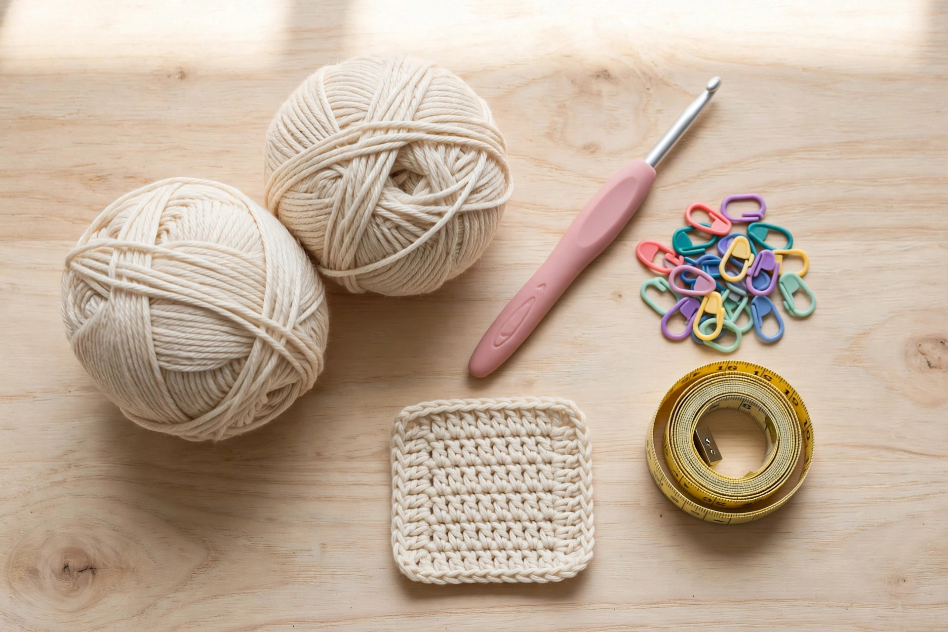 Cotton yarn, a 4 mm hook, stitch markers and a gauge swatch laid out for the panama hat crochet pattern