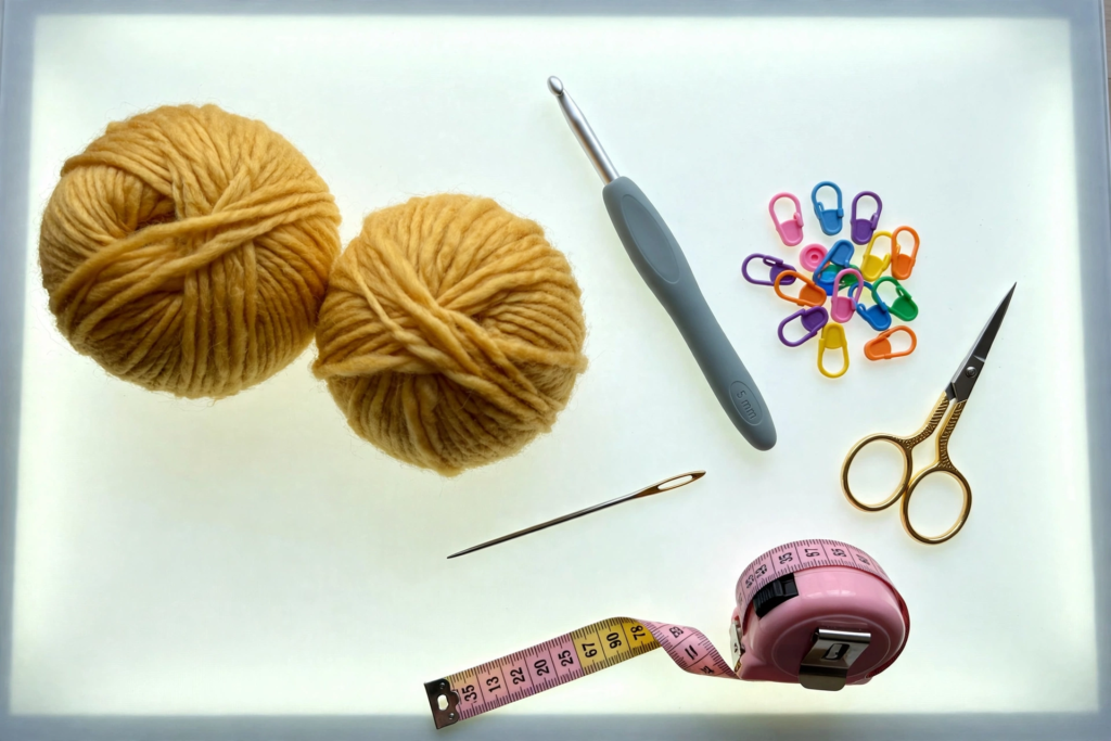 Worsted yarn, a 5 mm hook, stitch markers and a tapestry needle laid out for the honeycomb stitch crochet pattern