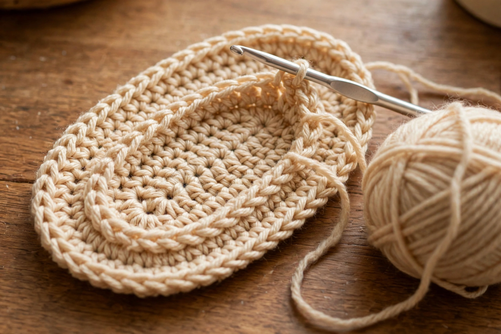 First rounds of the oval sole in the braid stitch slippers crochet pattern