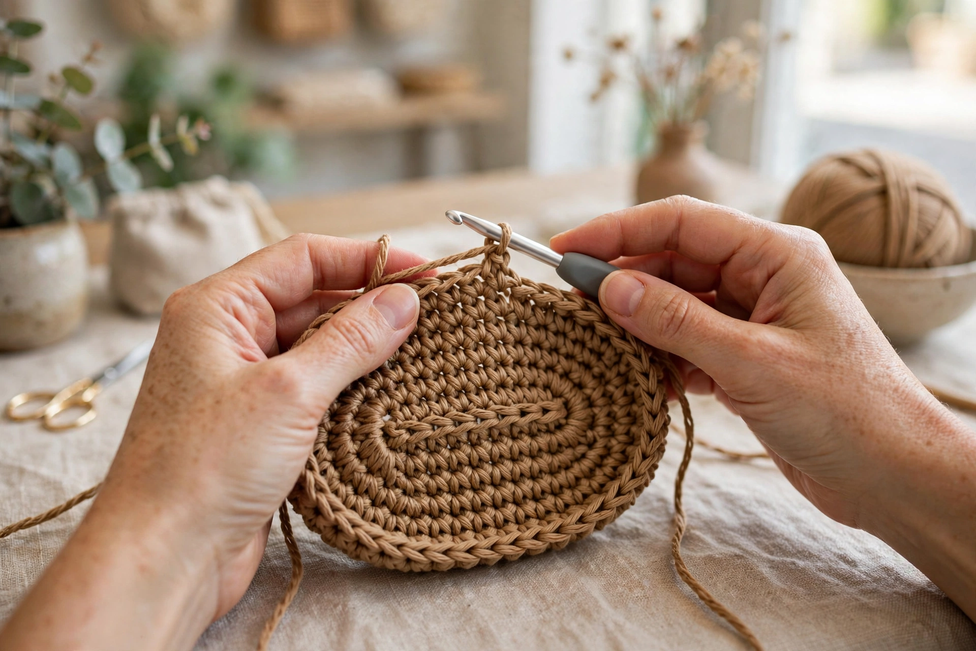 Starting the oval base of the elegant crochet handbag pattern with a foundation chain and first single crochet round
