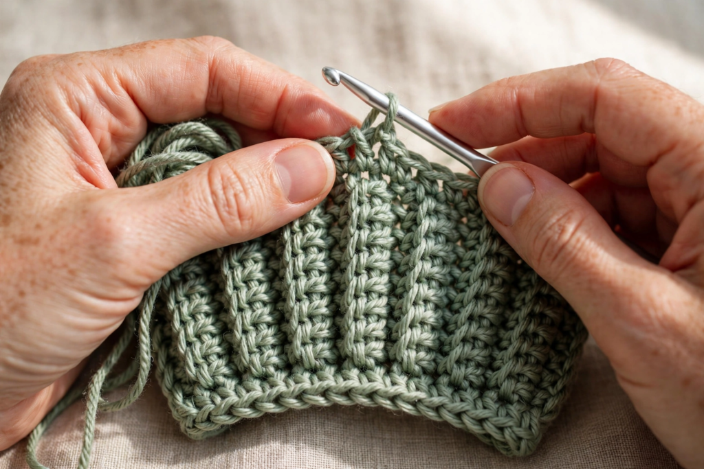 Starting the crochet headband pattern — foundation chain and first back-loop ribbed rows in sage green yarn