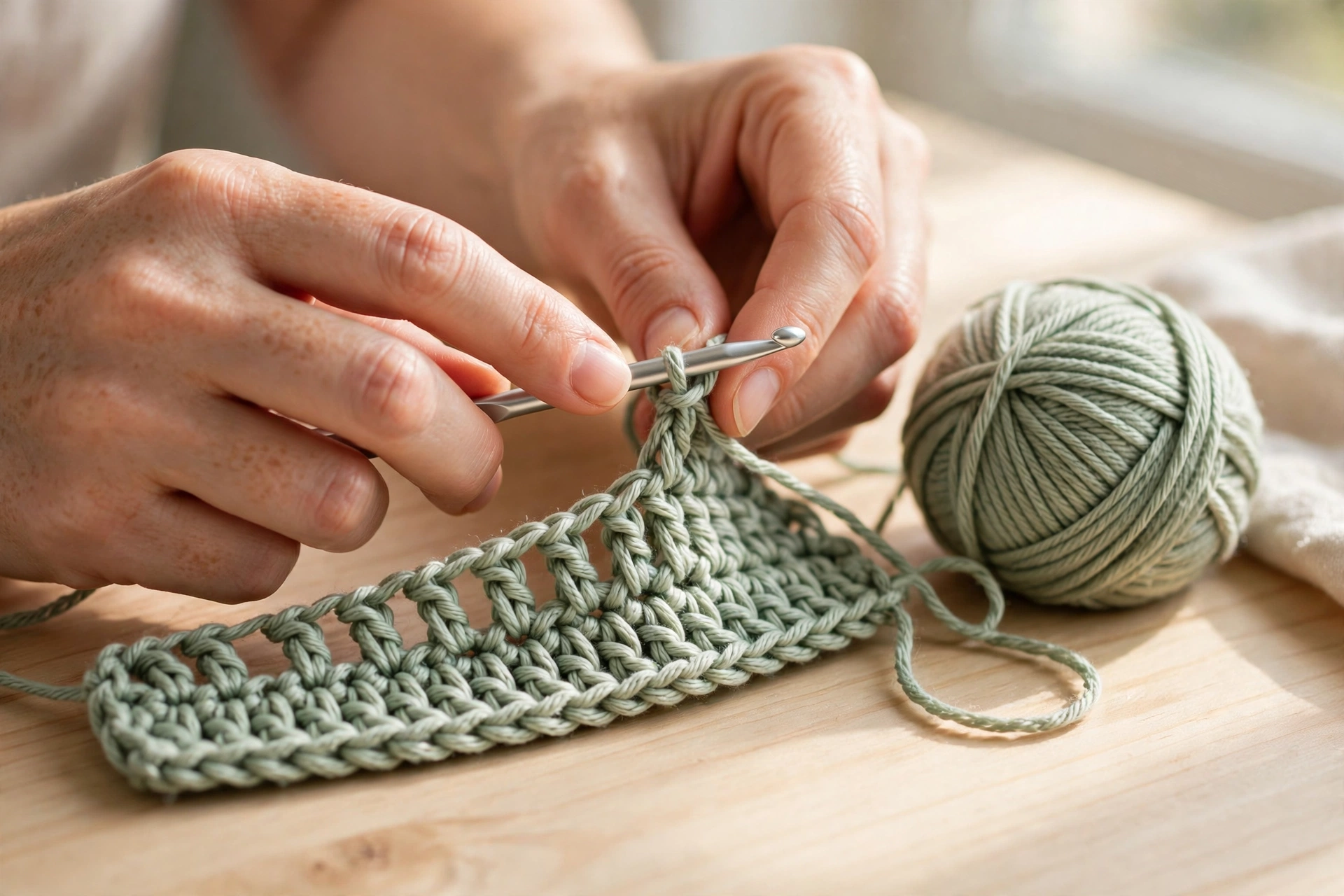 Foundation chain and the first single crochet row of the moss stitch crochet pattern