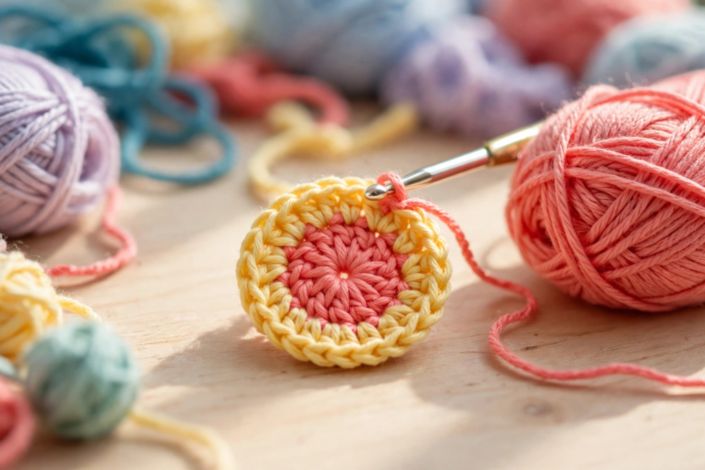 The first two rounds of the stripy motif crochet pattern, a coral centre ringed with a yellow stripe
