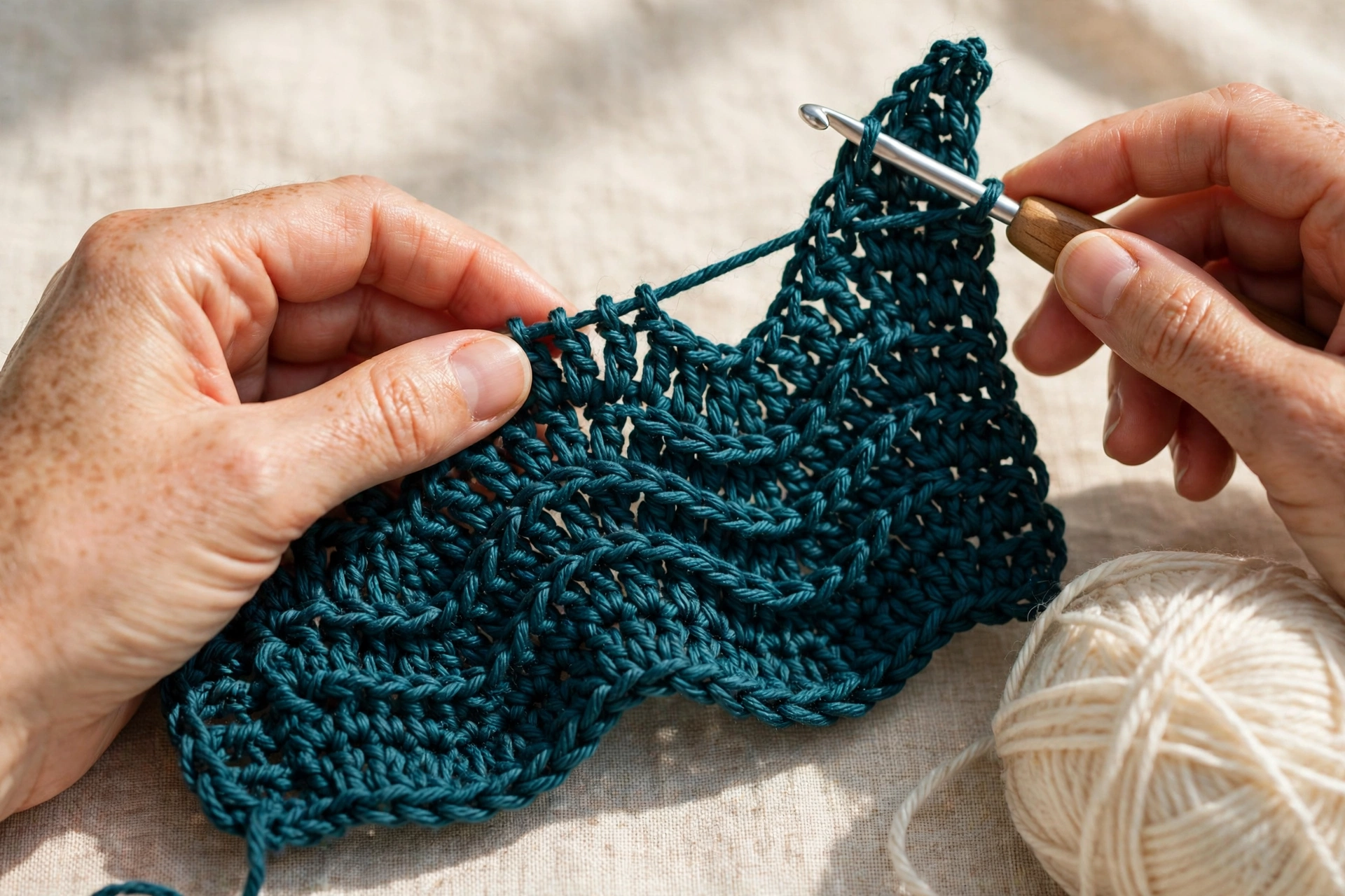 Working the first wave row of the serpentine stitch crochet pattern, climbing from single crochet up to treble
