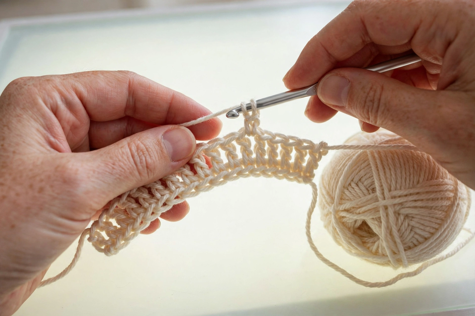 Foundation chain and plain single crochet set-up rows for the pompom stitch crochet pattern