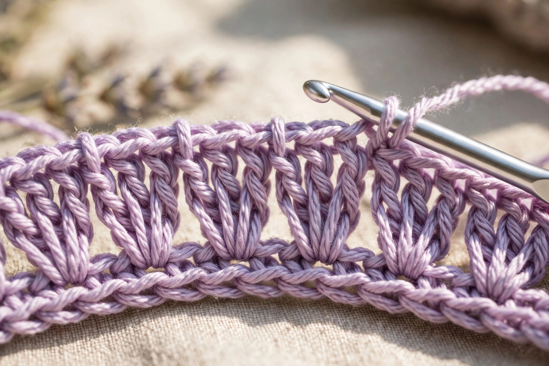 Foundation chain and set-up row of the fan stitch crochet pattern with the first fans and single crochet anchors