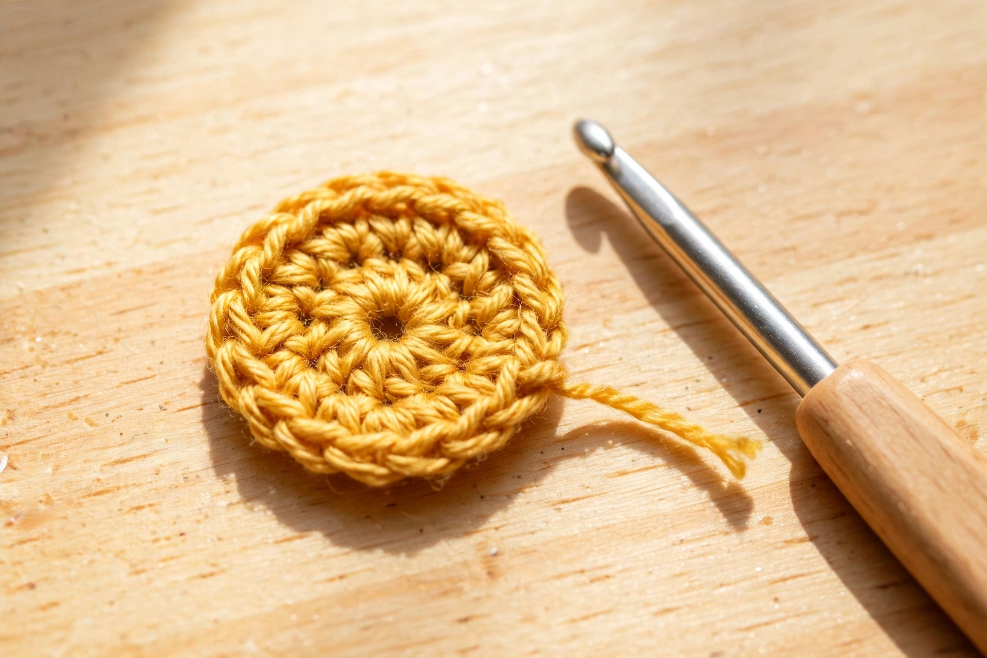 Small golden centre disc of 24 stitches worked for the layered 12 petal flower crochet pattern