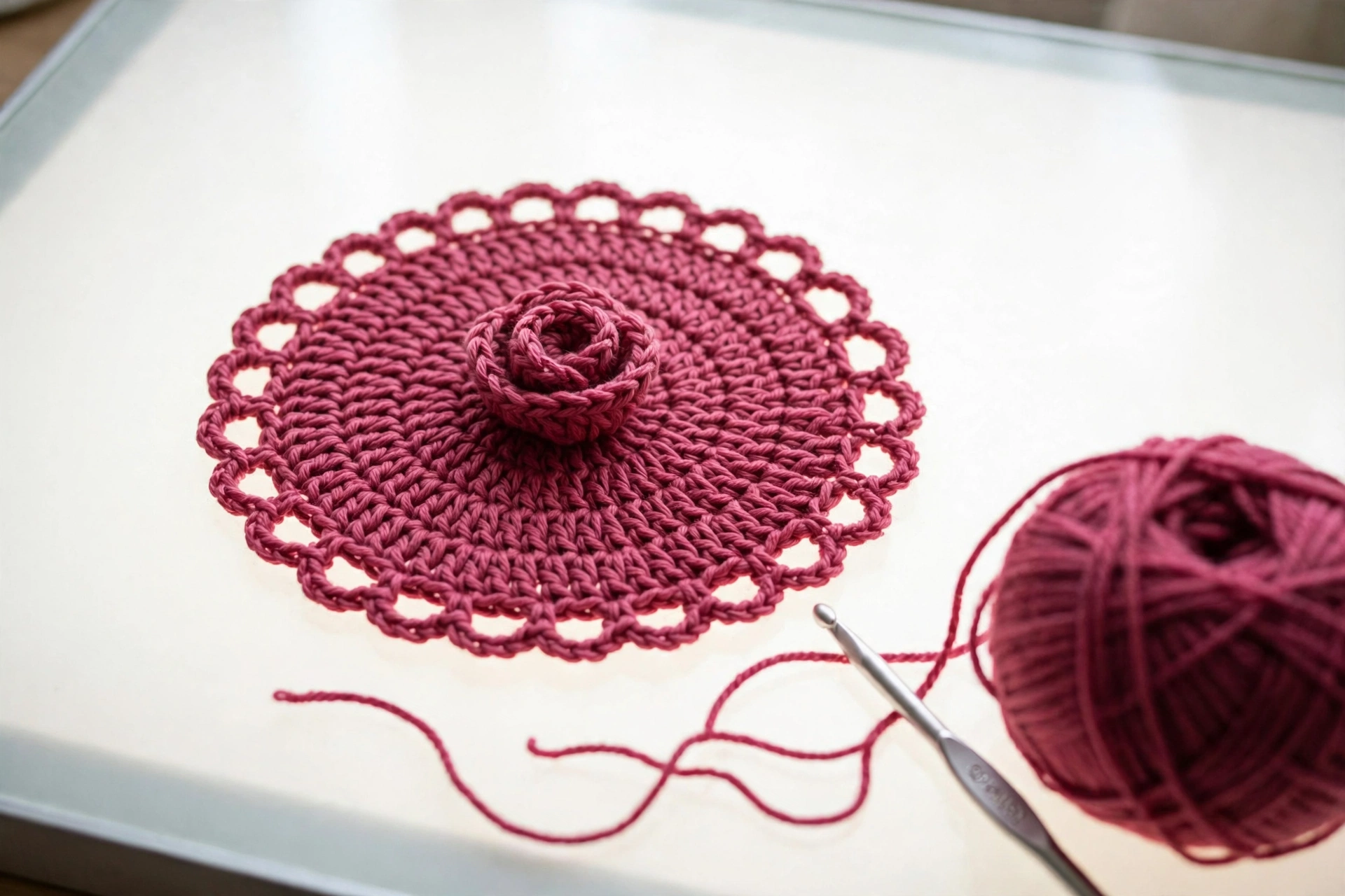 Round 1 deep pink centre bud of the rose in the rose square blanket crochet pattern