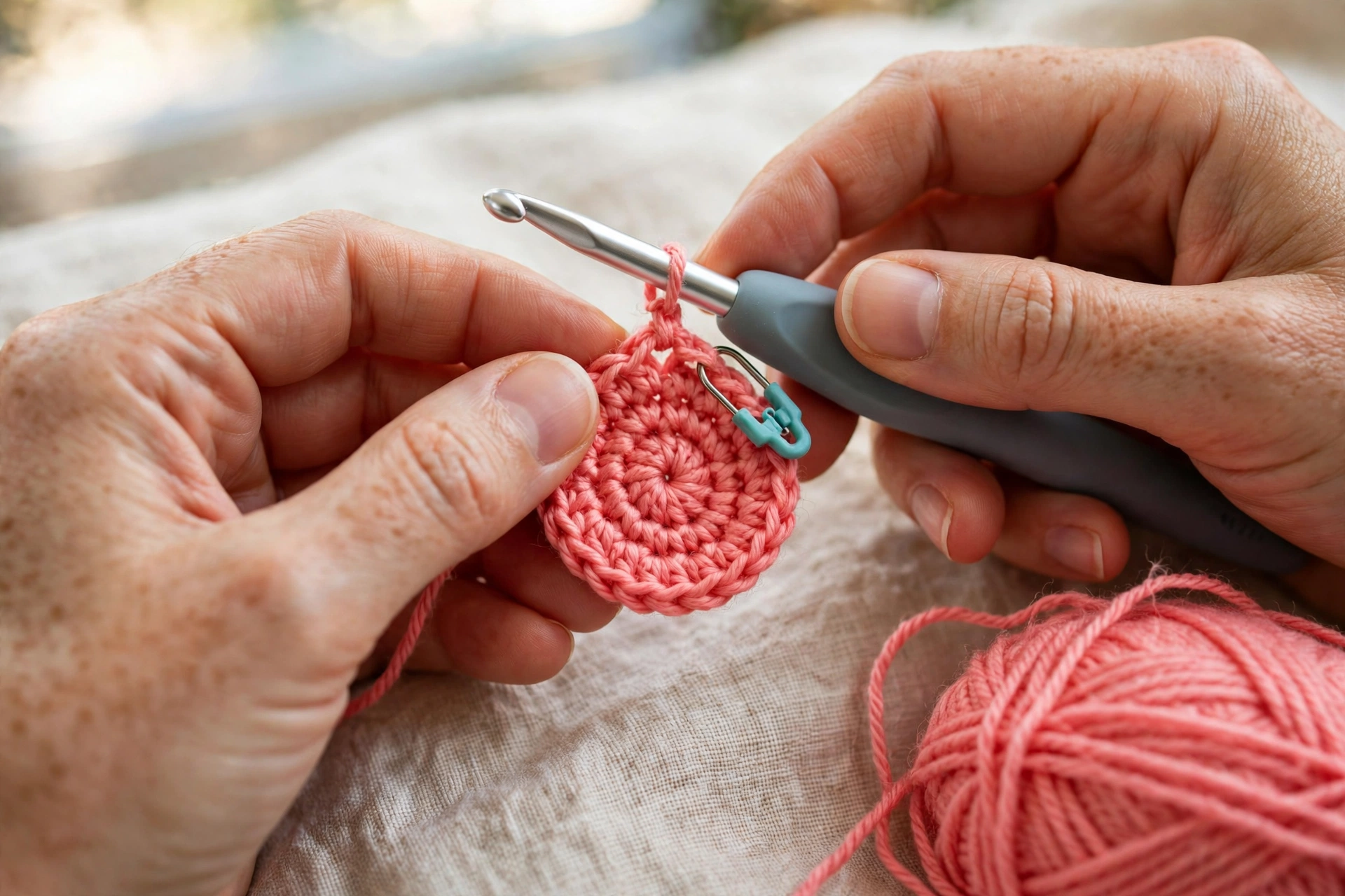 First two rounds of the spiral centre in the 3D spiral flower crochet pattern, worked in coral single crochet