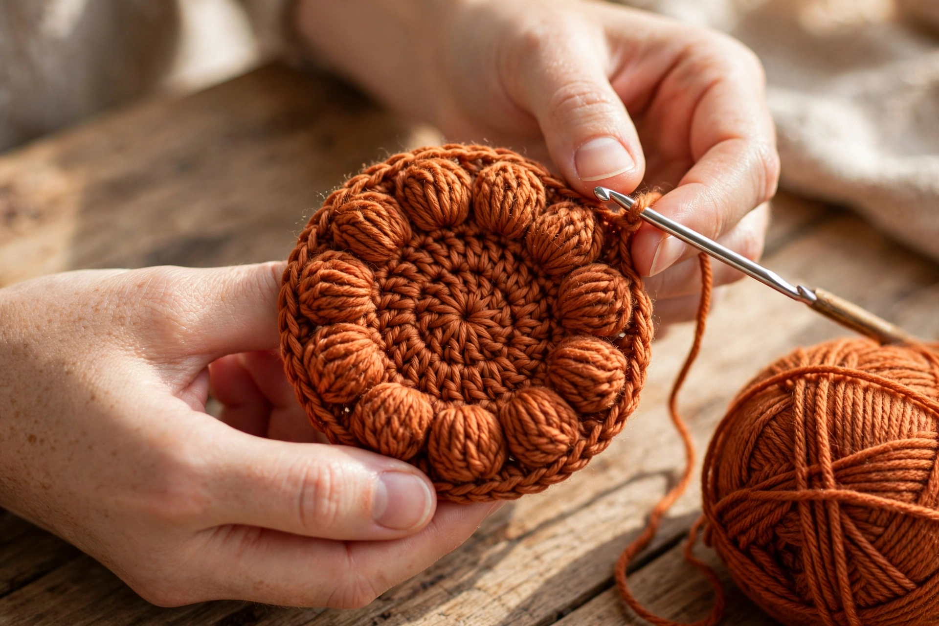 First crown rounds of the puff stitch hat crochet pattern, a small rust-coloured circle growing in the hand