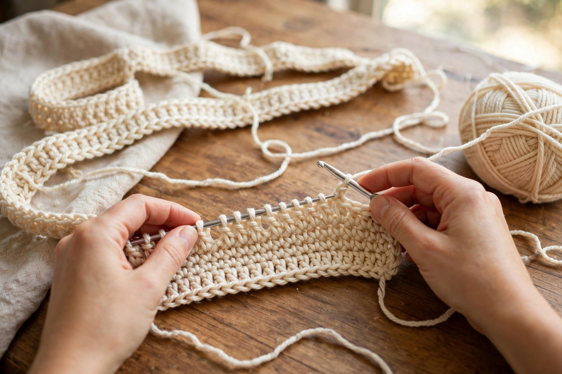 Foundation chain and first single crochet row of the cosy clusters blanket crochet pattern in warm cream yarn