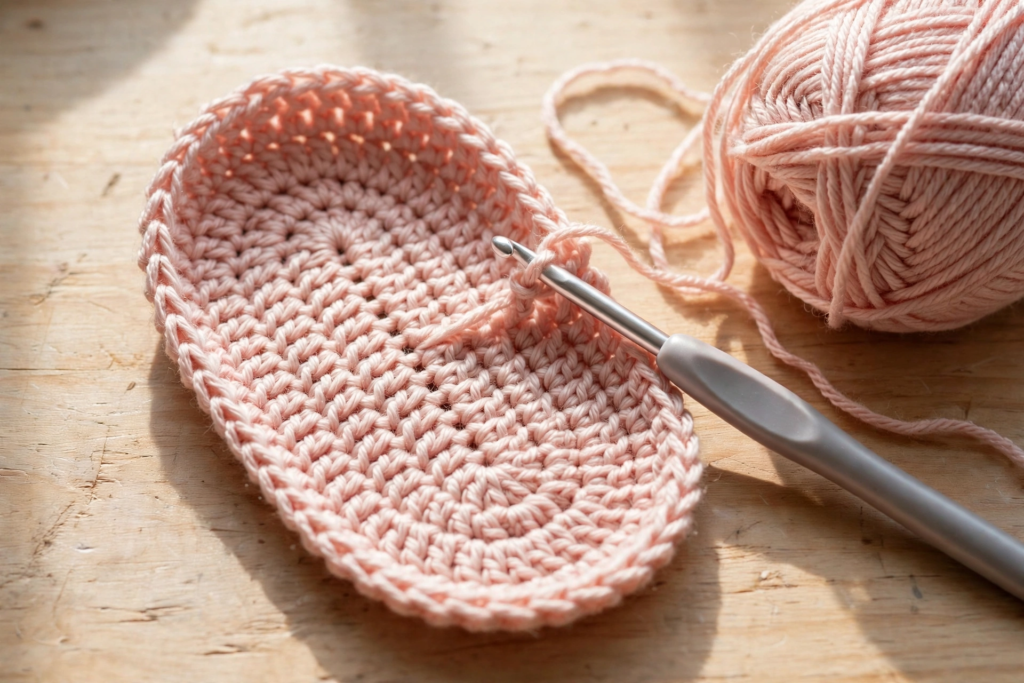First rounds of the oval sole in the flower slippers crochet pattern