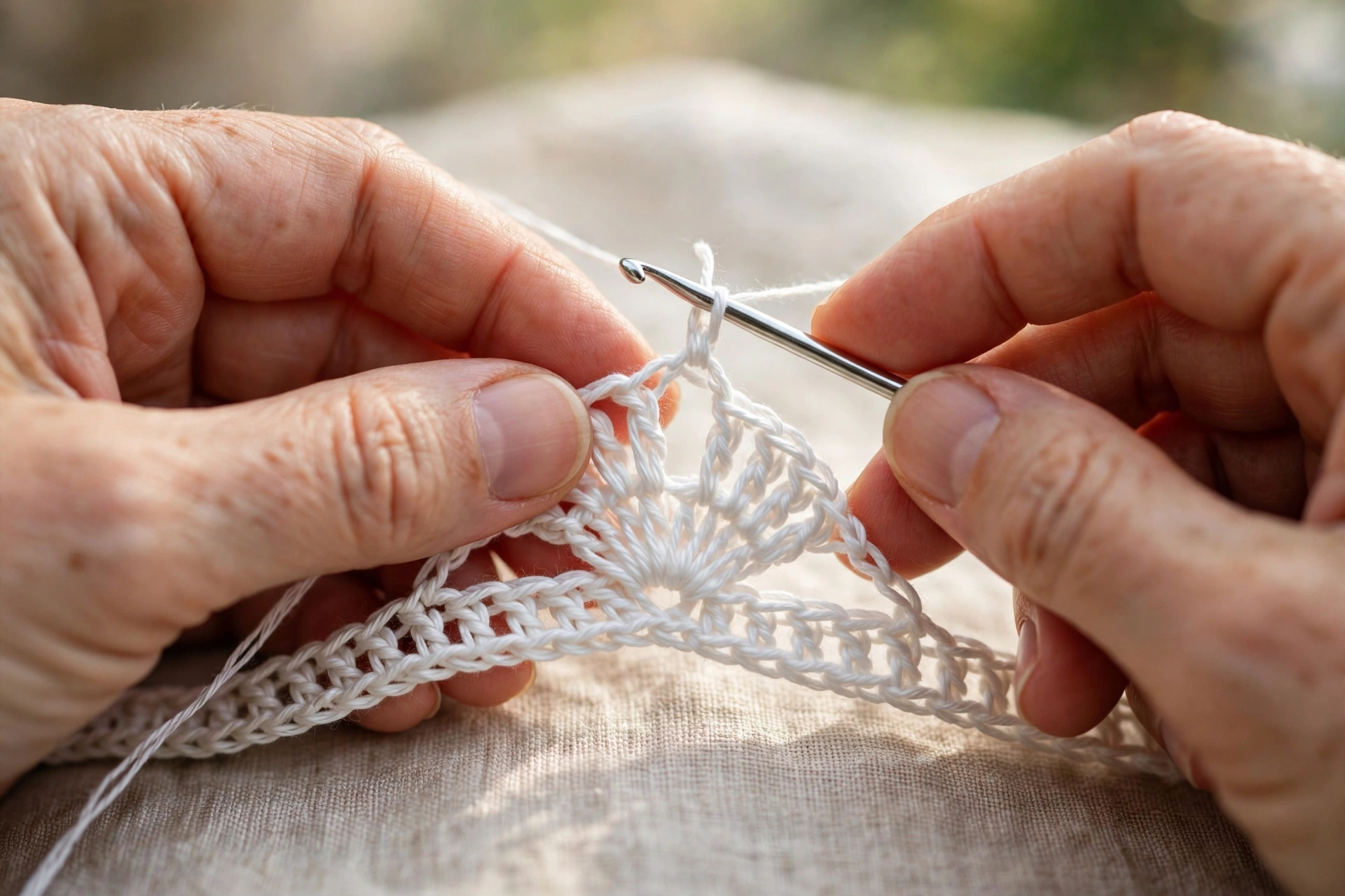 The first fan unit of the tape lace crochet pattern being worked on its foundation row
