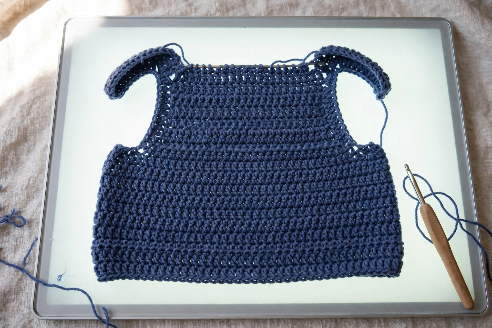 The back panel of the baby peacoat crochet pattern worked in navy half double crochet with armhole shaping