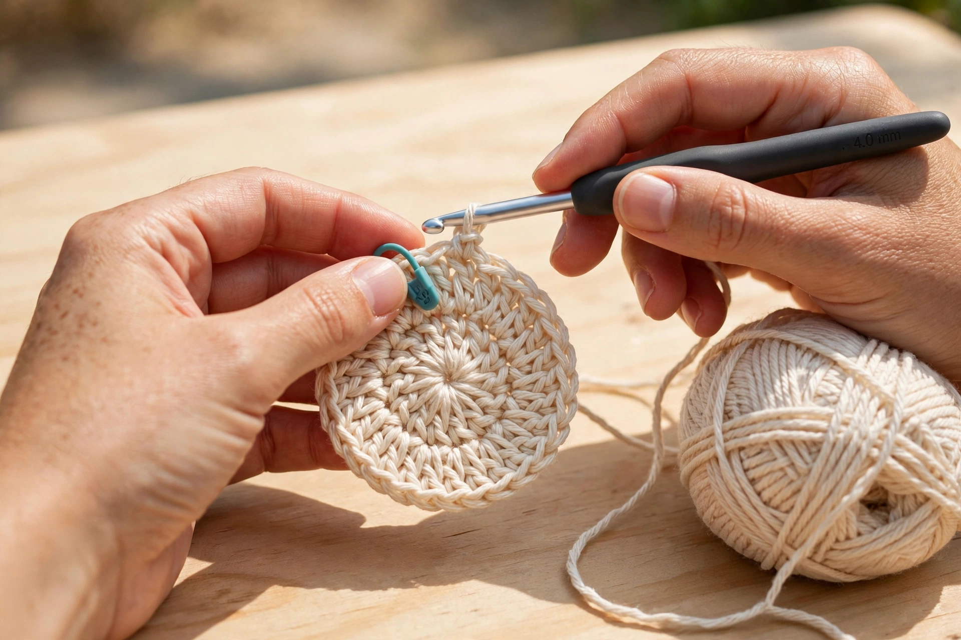 The first crown rounds of the panama hat crochet pattern worked in half double crochet