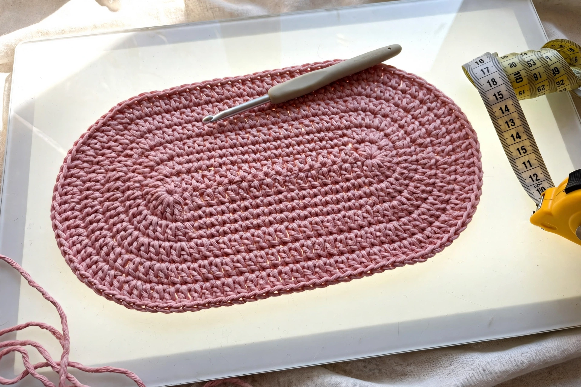 The oval single crochet base of the bean stitch purse crochet pattern worked in dusty pink yarn