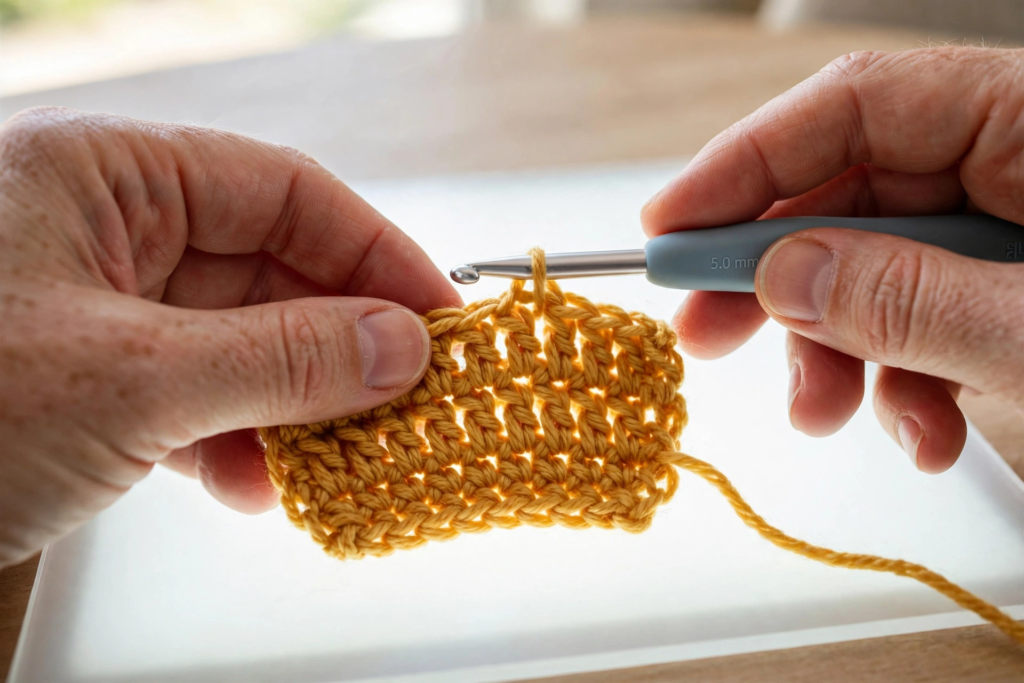 First plain double crochet rows of the honeycomb stitch crochet pattern worked in golden yellow yarn