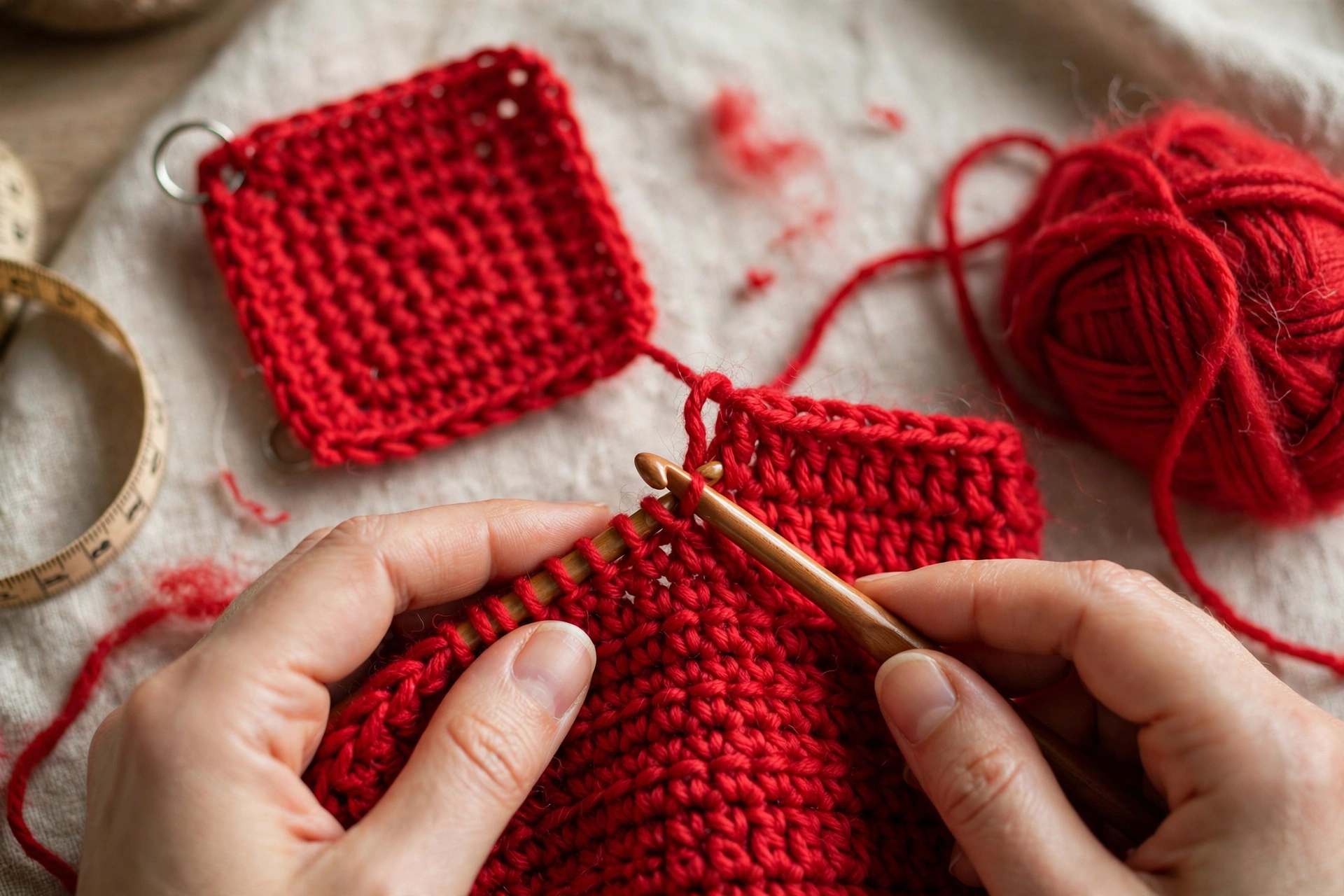 Red double crochet back panel with a gauge swatch for the Christmas jumper