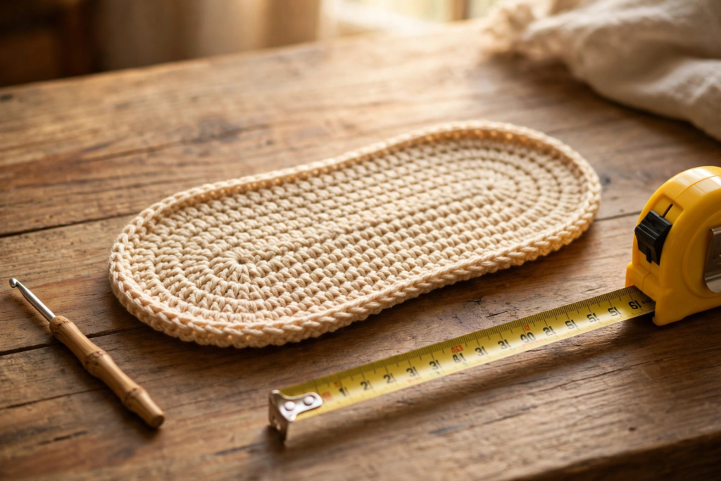 Completed oval sole with the toe and heel shaping of the braid stitch slippers crochet pattern