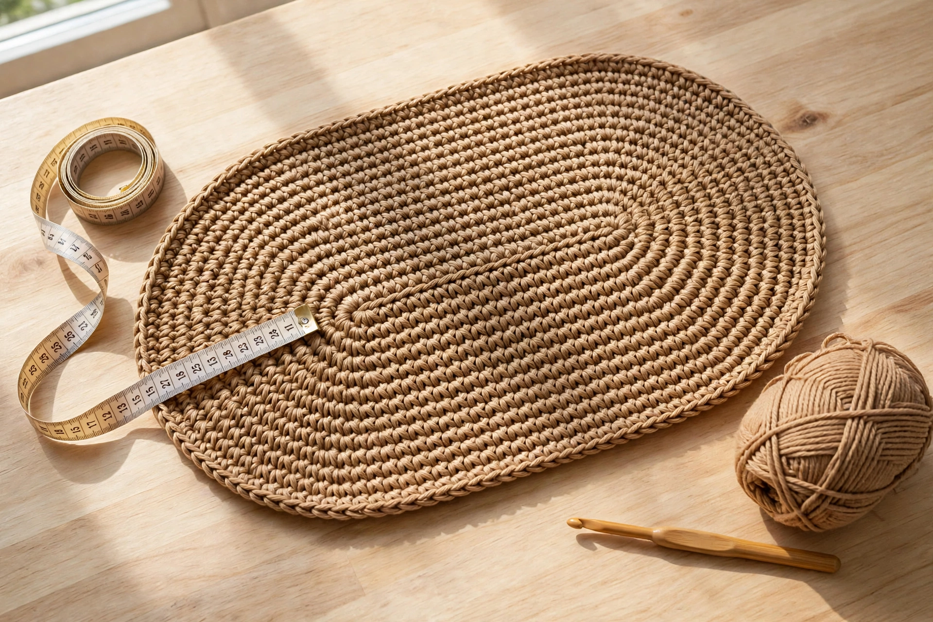 Finished flat oval base of the elegant crochet handbag pattern measured on a table