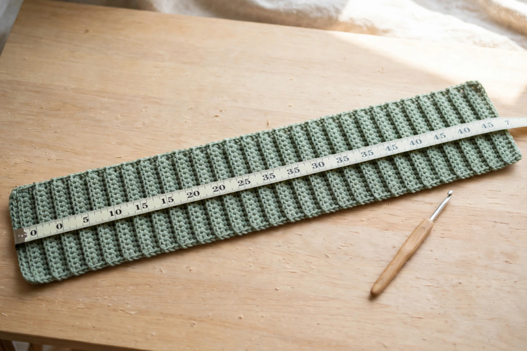 Growing the ribbed strip of the crochet headband pattern to its full 19 inch length