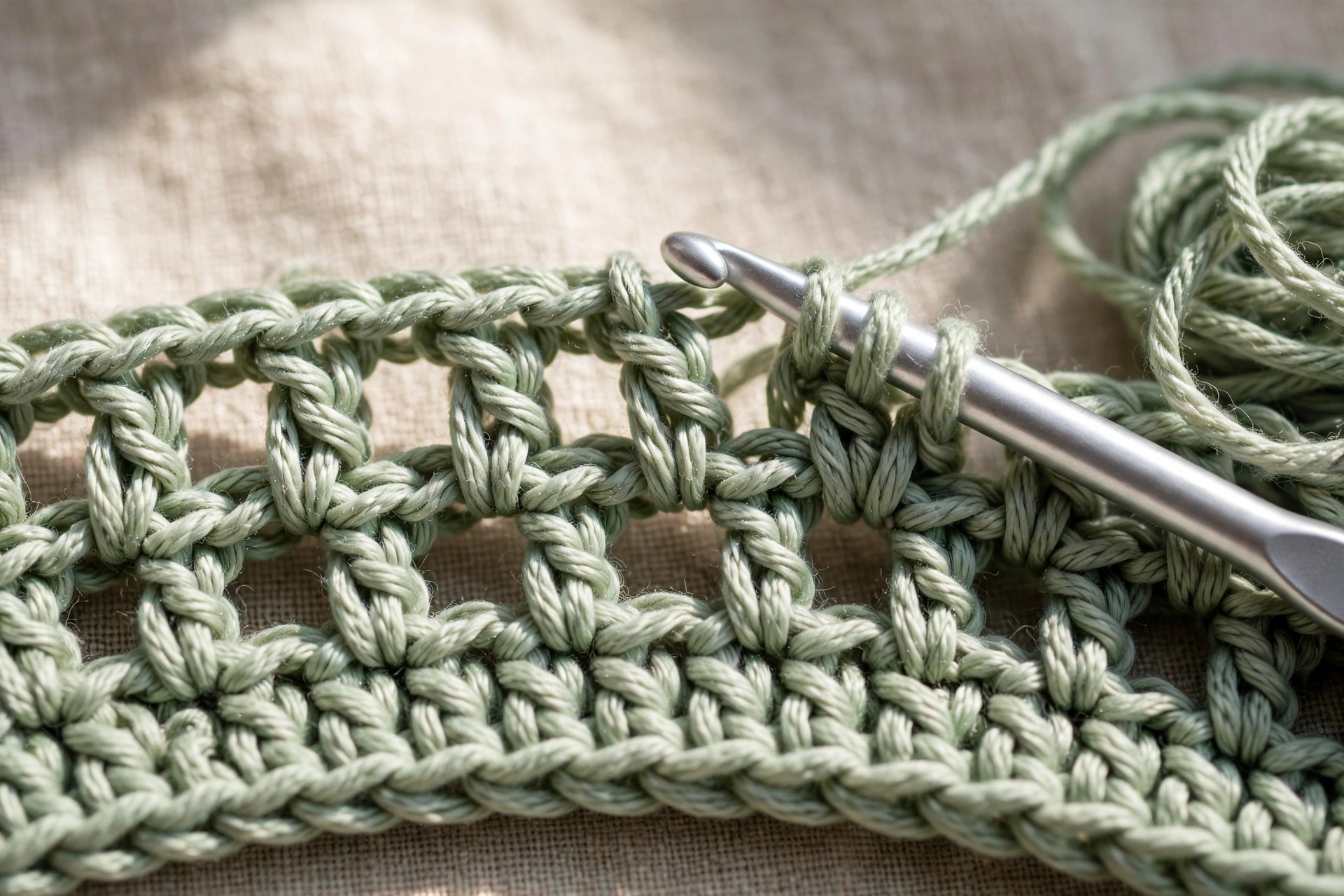 The second row of the moss stitch crochet pattern, showing the first chain-one spaces between stitches