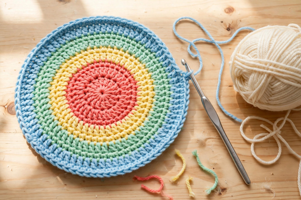 Third and fourth stripe rounds in mint and sky blue being added to the stripy motif crochet pattern