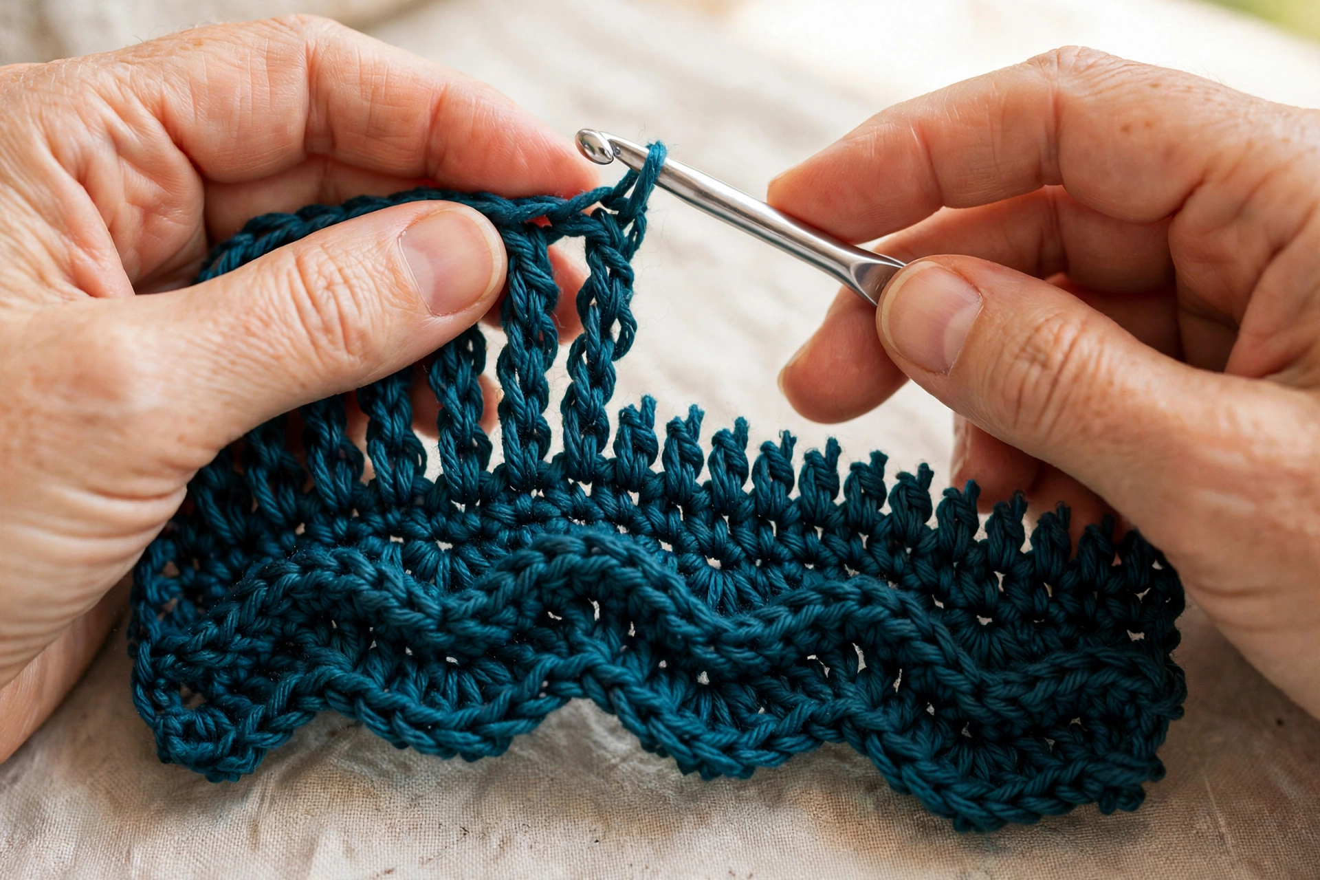The return row of the serpentine stitch crochet pattern descending from the treble crest back to single crochet