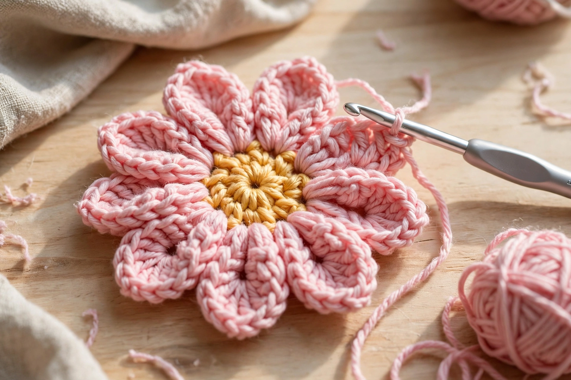 Round 2 soft pink petals completed for the flowers blanket crochet pattern motif