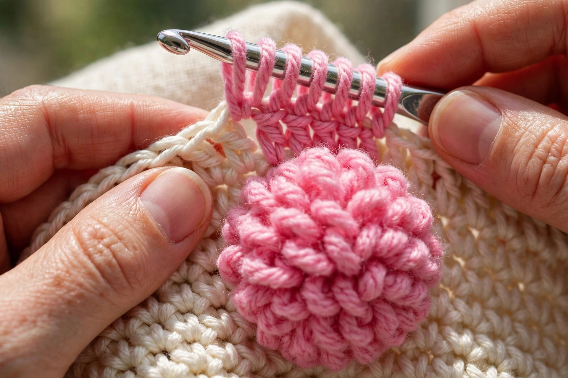 Working the pompom stitch loop by loop, pulling through six loops for the pompom stitch crochet pattern