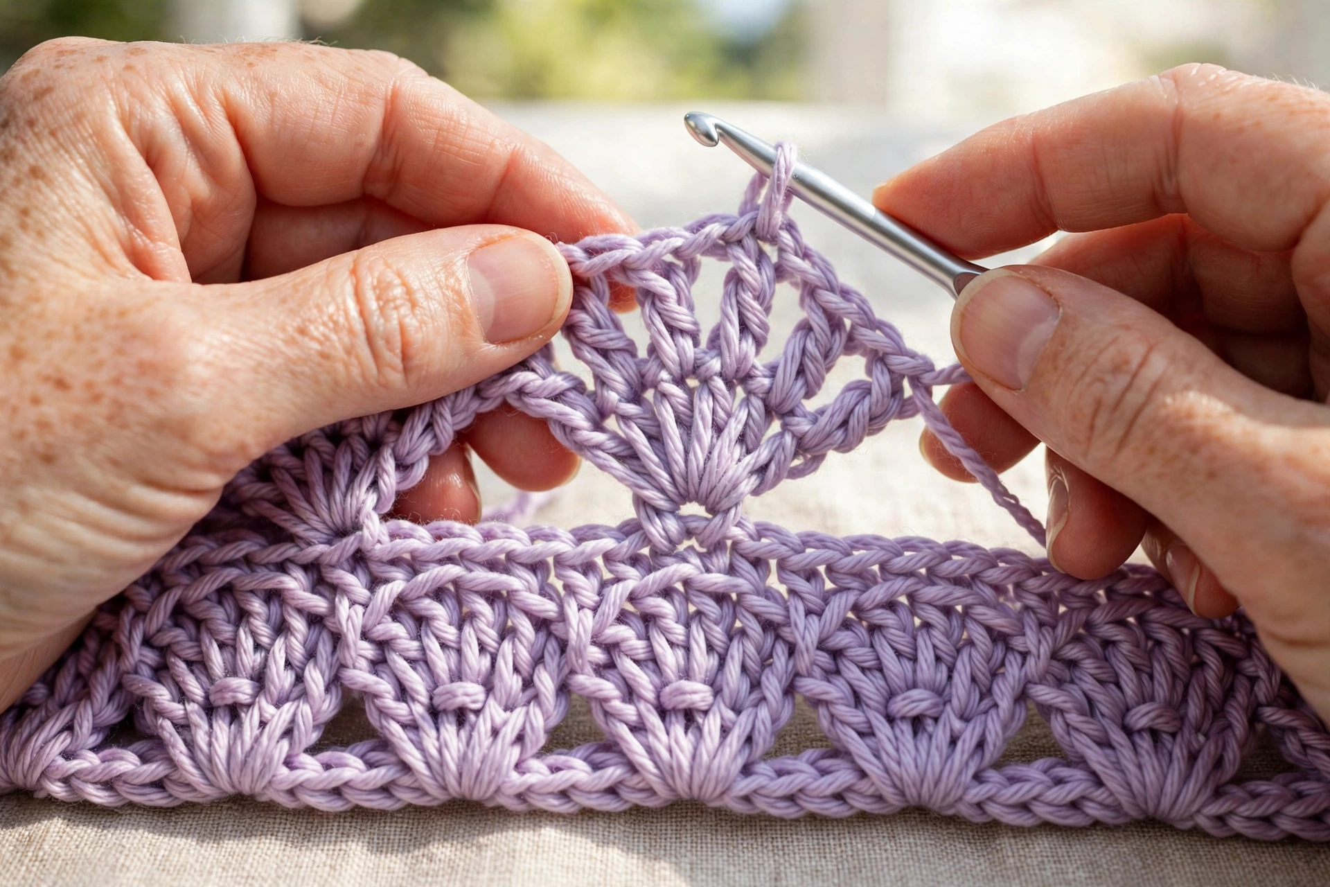 Working the fan row of the fan stitch crochet pattern, a five double crochet fan opened into a single crochet anchor