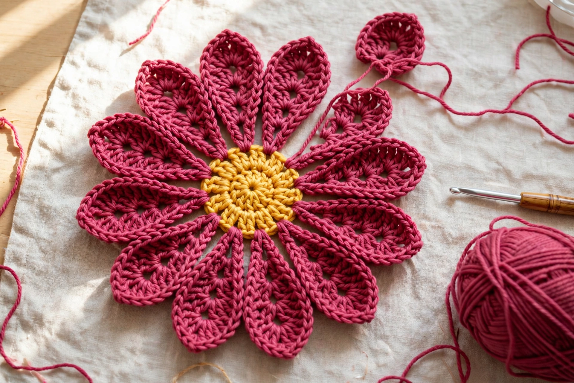 Twelve deep pink back petals completed in the layered 12 petal flower crochet pattern