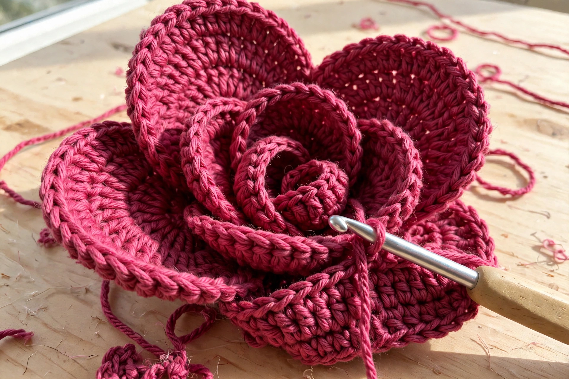 Two layers of petals opened into a raised 3D rose for the rose square blanket crochet pattern
