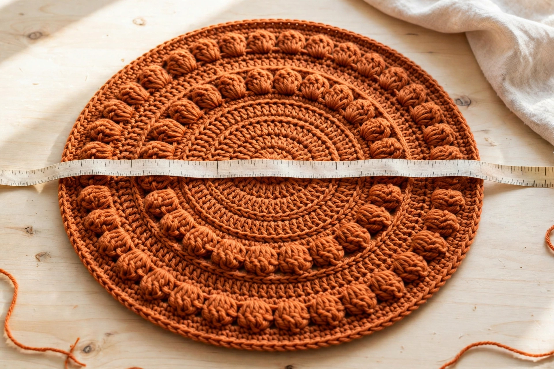 Crown of the puff stitch hat crochet pattern worked to its full diameter and measured with a tape