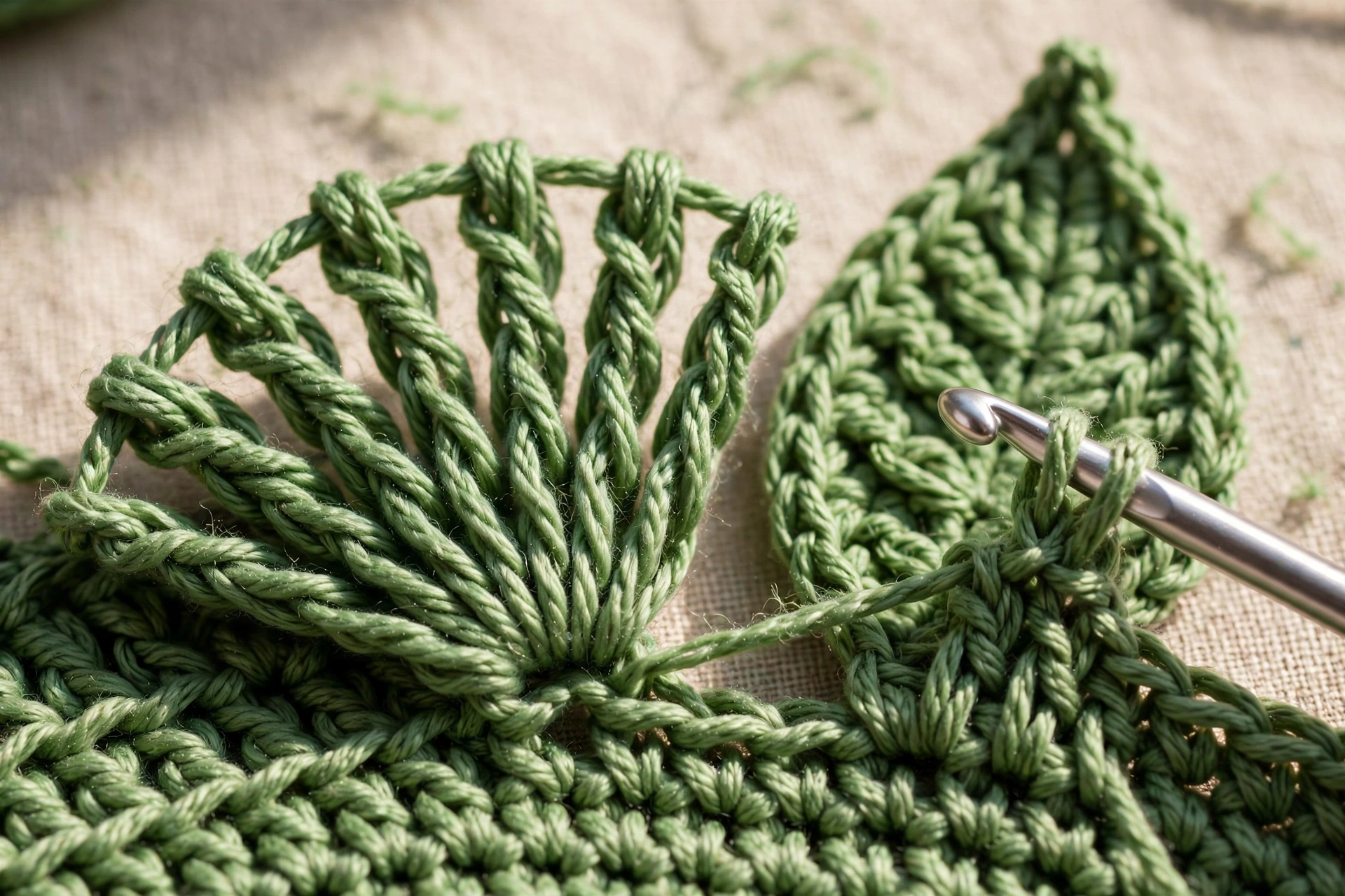 Working the five double crochet fan that starts each leaf in the leaf stitch crochet pattern
