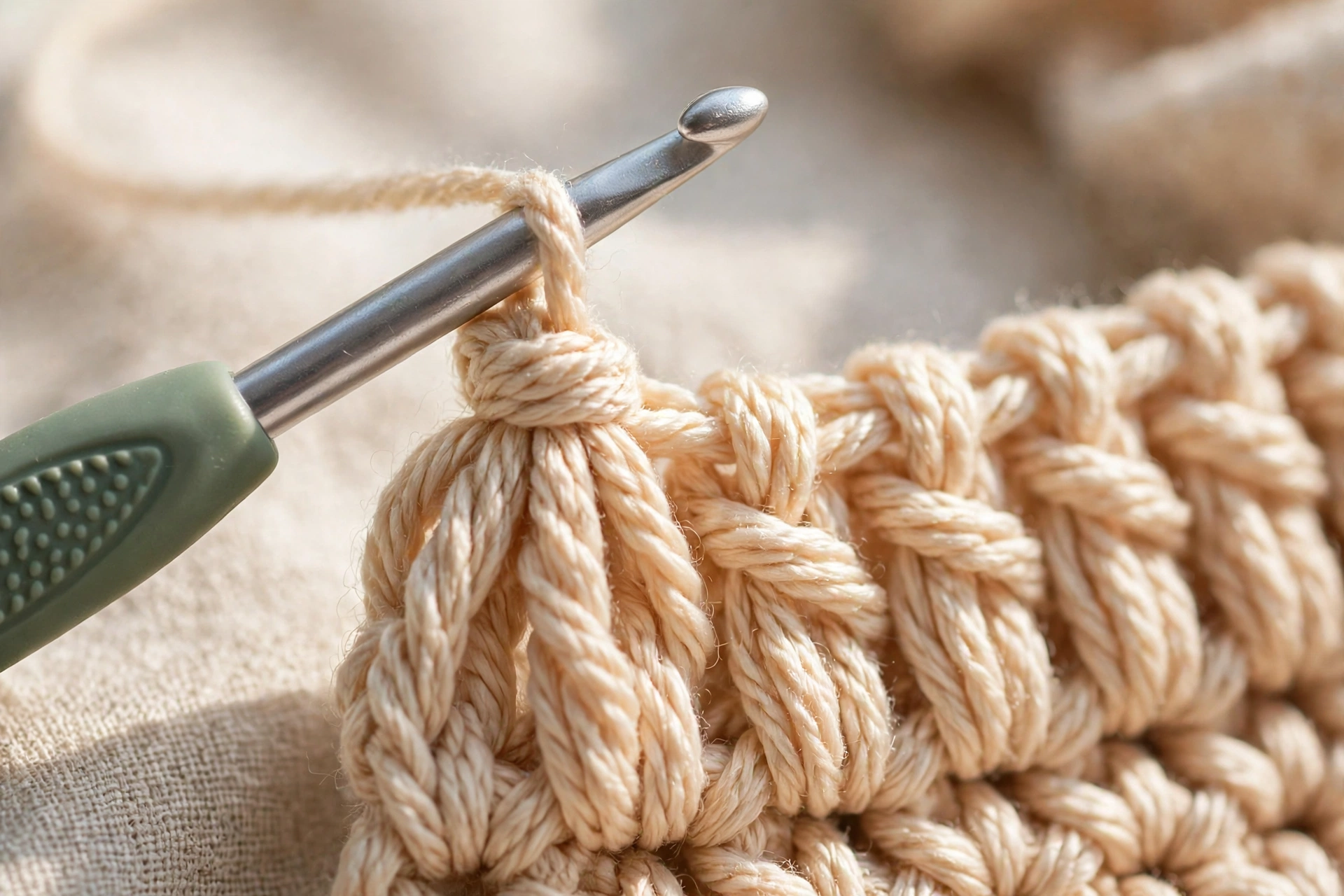 Working a cluster stitch in the cosy clusters blanket crochet pattern, three double crochets joined at the top