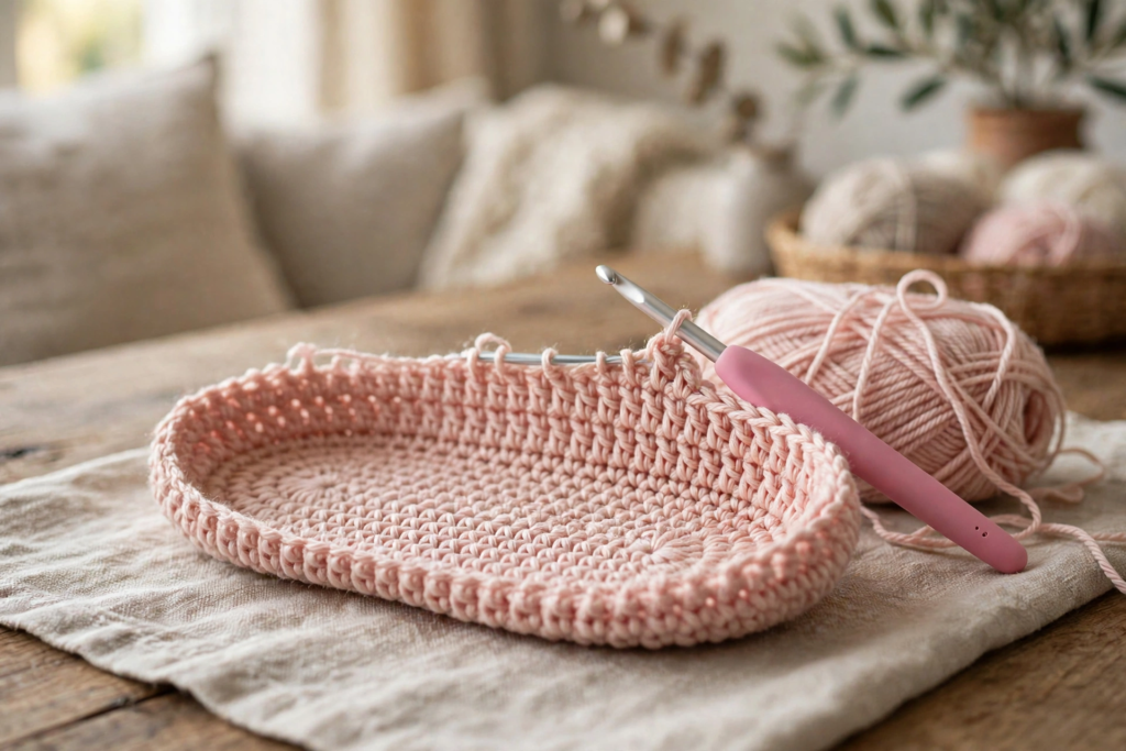 Sides of the slipper worked up from the sole in the flower slippers crochet pattern