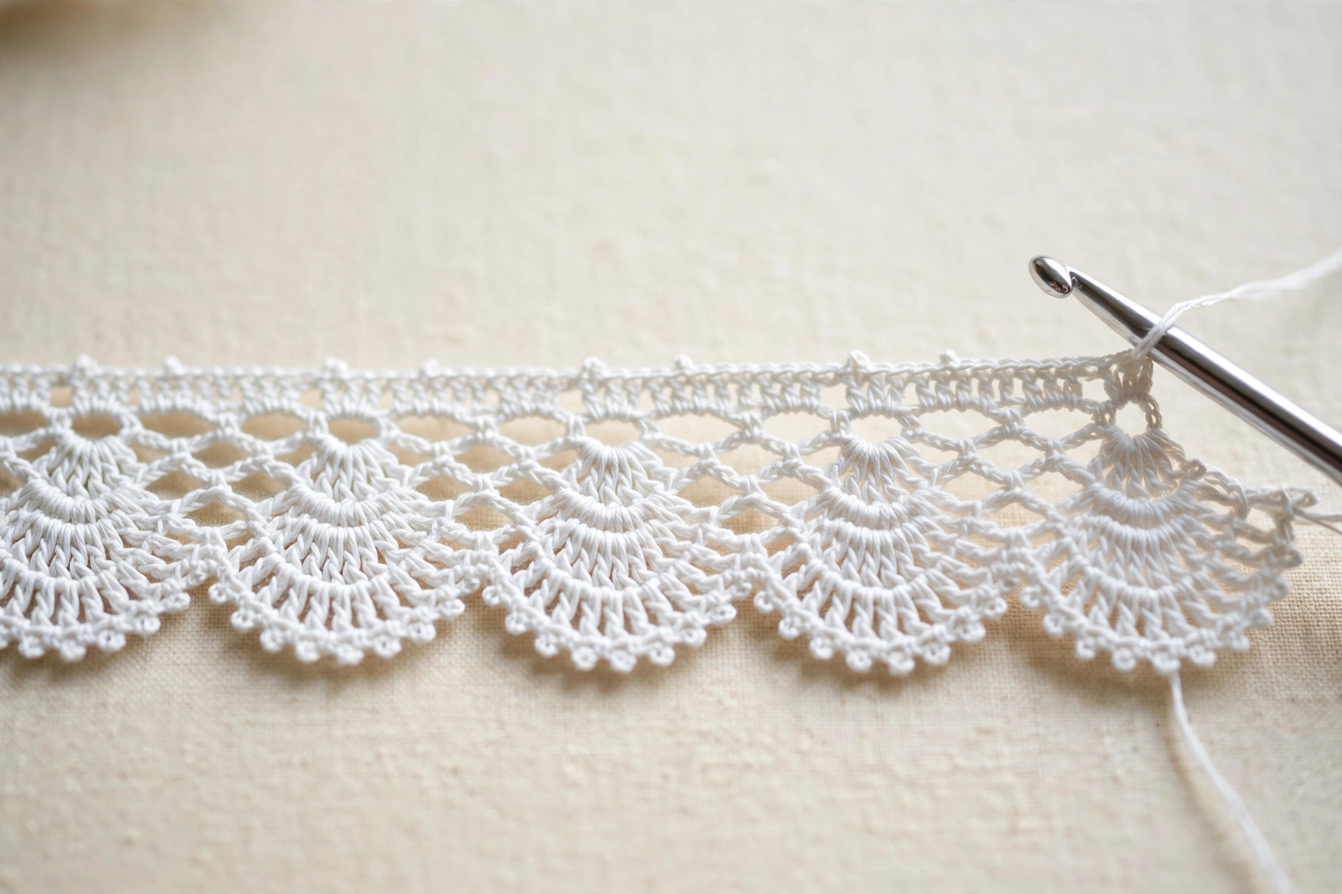 Repeating fan units growing the strip in the tape lace crochet pattern