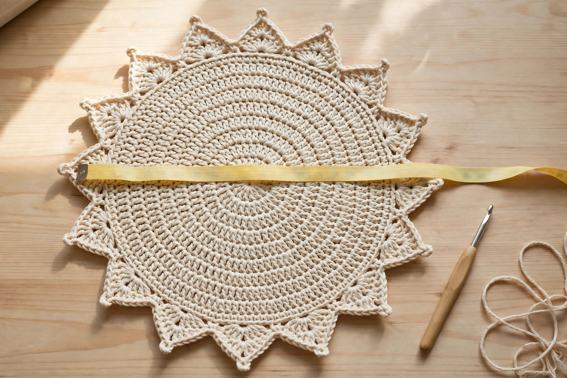 The completed flat crown circle of the panama hat crochet pattern measured with a tape