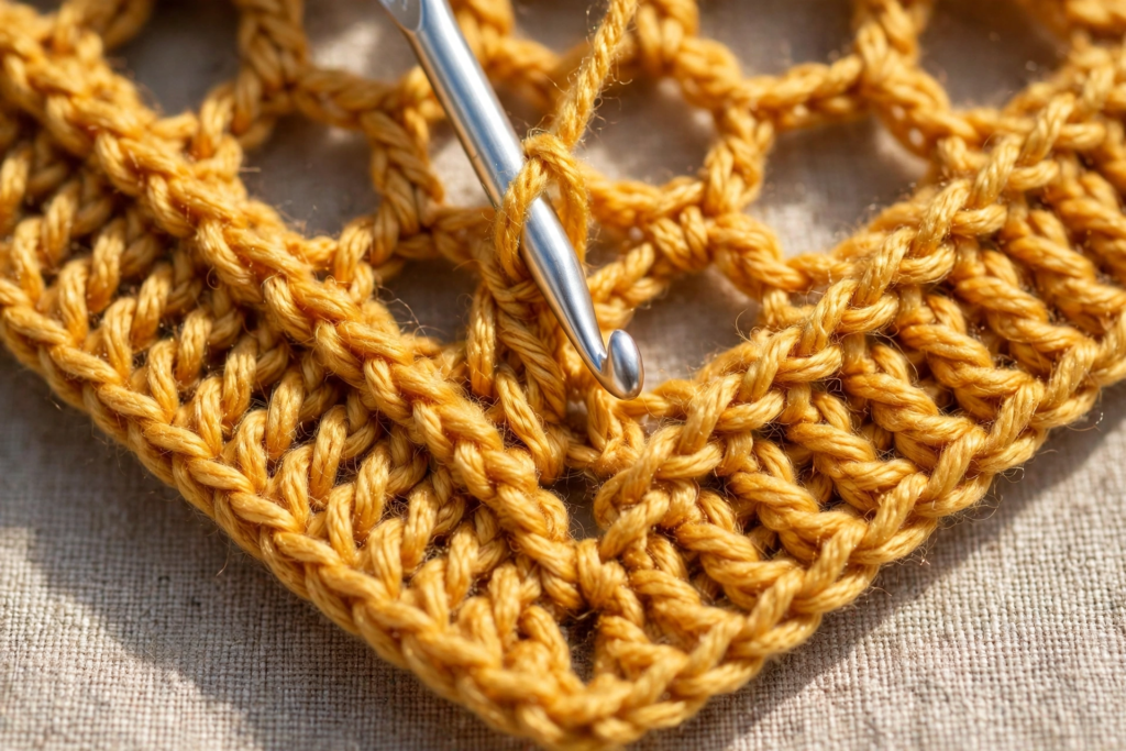 Front post treble pairs slanting together to form the bottom points of the cells in the honeycomb stitch crochet pattern