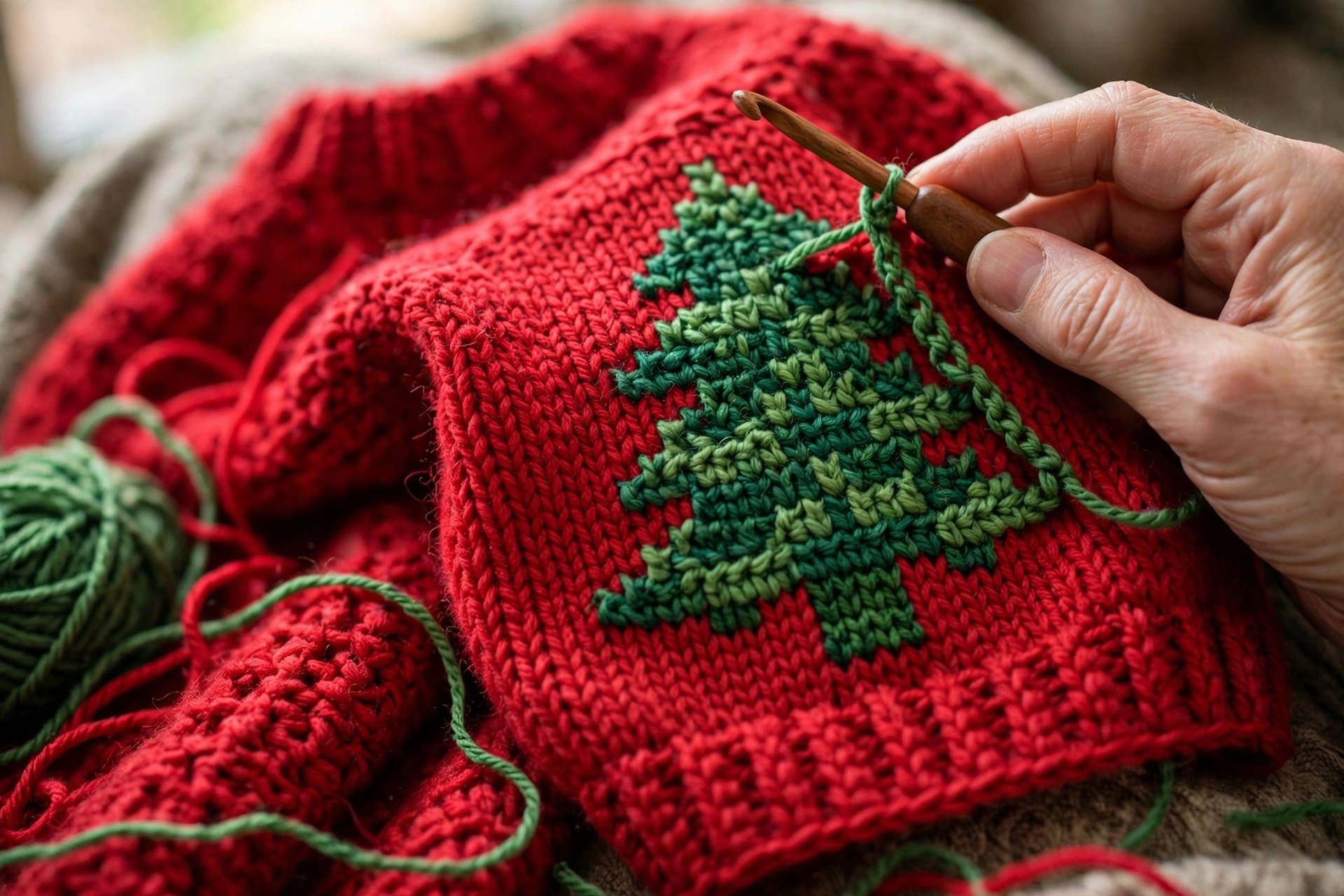 Green Christmas tree motif worked in double crochet on the red front panel of the jumper
