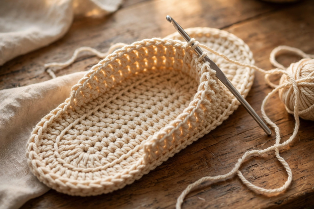 Sides of the slipper worked up in half double crochet for the braid stitch slippers crochet pattern